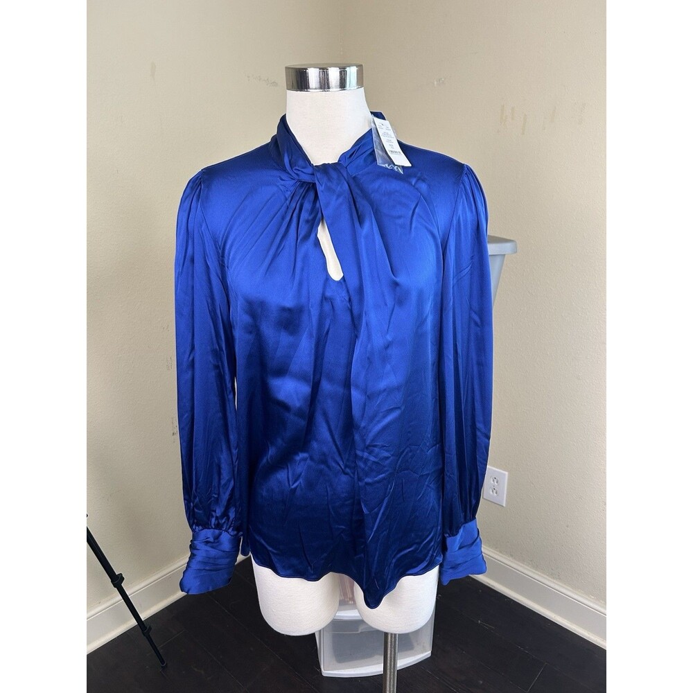 WHITE HOUSE BLACK MARKET Twisted Neck Satin Blouse Sodalite Blue NWT Sz 12 - Picture 3 of 8